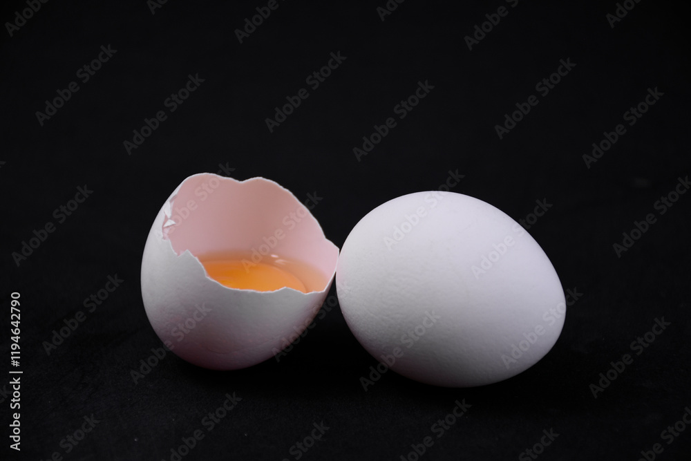 One whole and one broken egg on a black background. The minimalistic and aesthetic design is suitable for advertising cooking, healthy eating and farm products. One whole and one broken egg on a black background. The minimalistic and aesthetic design is suitable for advertising cooking, healthy eating and farm products.