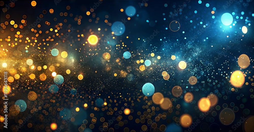 Obraz premium Vibrant bokeh background with golden and blue lights, festive atmosphere, artistic visual effect