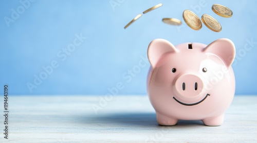 Happy Piggy Bank with Coins Falling In