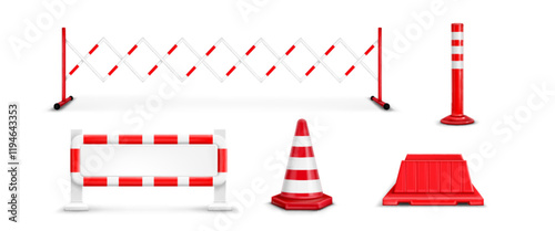 Road barrier set with red and white striped elements - expandable fence, safety barrier, traffic cone, plastic divider and warning post. Transportation protective equipment for construction zones.