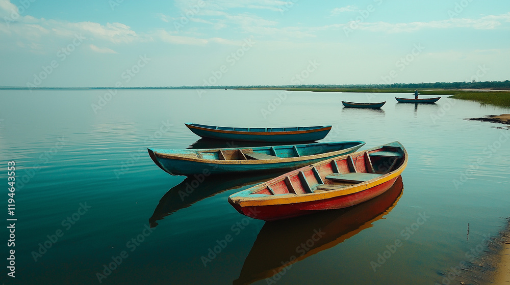 Boats on Clean Blue Sea with Clear Horizon and Sunny Calm Waters Boats on Clean Blue Sea with Clear Horizon and Sunny Calm Waters