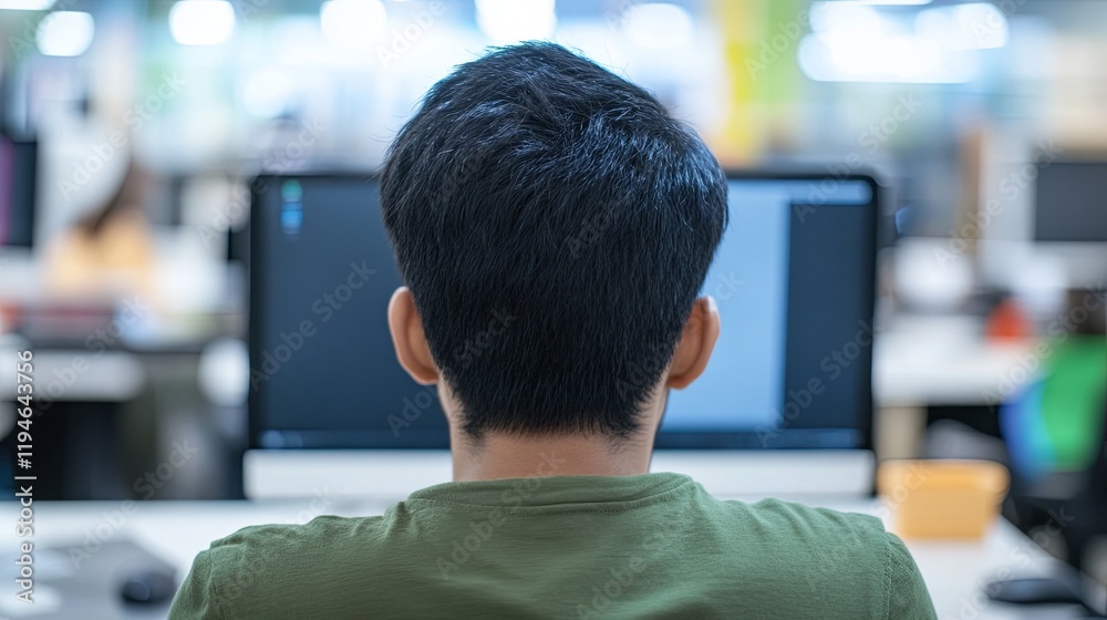 Person with poor posture at desk, working on computer, hunched back and tense neck, symbolizing negative impact on productivity and health in office environment Person with poor posture at desk, working on computer, hunched back and tense neck, symbolizing negative impact on productivity and health in office environment