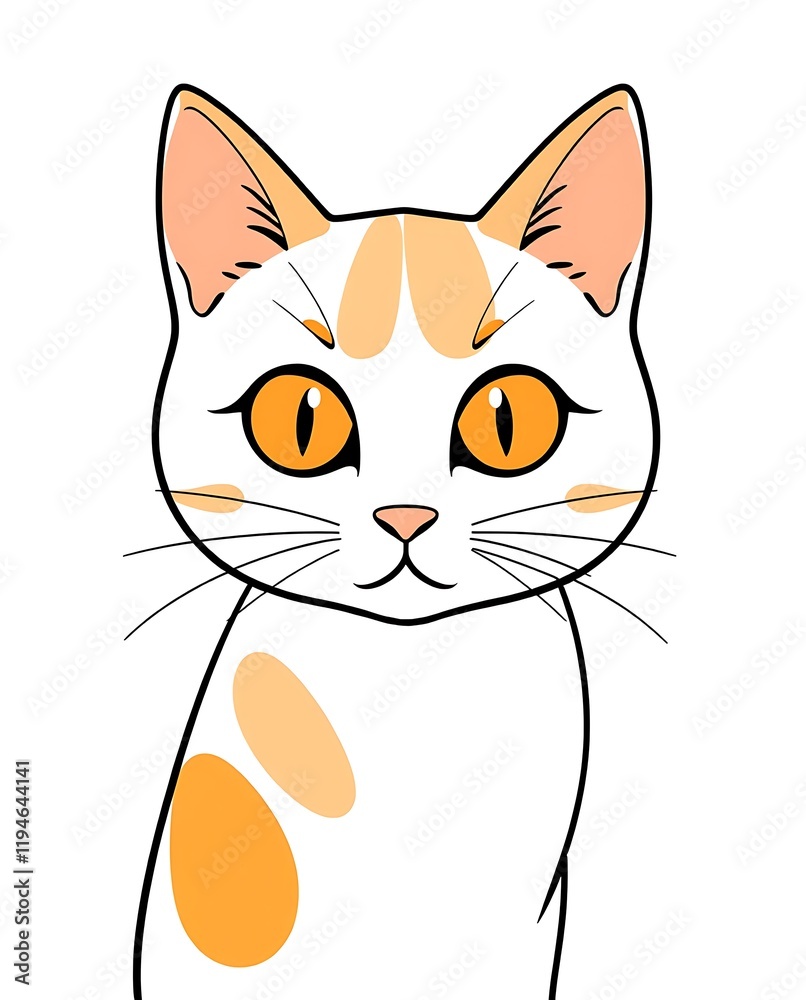 A playful and bold illustration of a calico cat with large orange eyes and prominent markings, outlined distinctly against a white background.
A playful and bold illustration of a calico cat with large orange eyes and prominent markings, outlined distinctly against a white background.