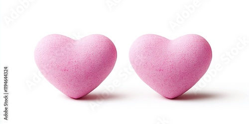 Two pink hearts isolated on white background with clipping path, valentines day or love symbol on the left side of the image