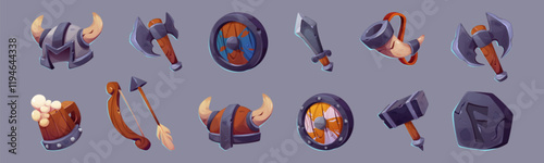Viking game icons set isolated on background. Vector cartoon illustration of medieval weapons, wooden round shield, arch and arrow, warrior helmet, stone and iron sword, axe and hammer, knight items