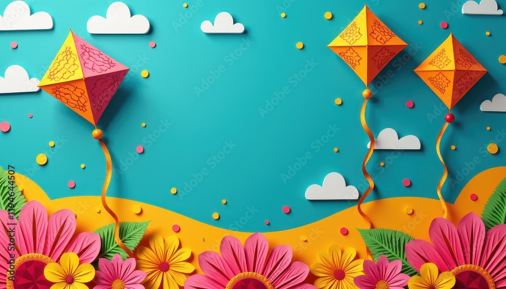 Fototapeta premium Happy Vasant Panchami background with paper-cut layered design of veena and kites featuring Happy Vasant Panchami.