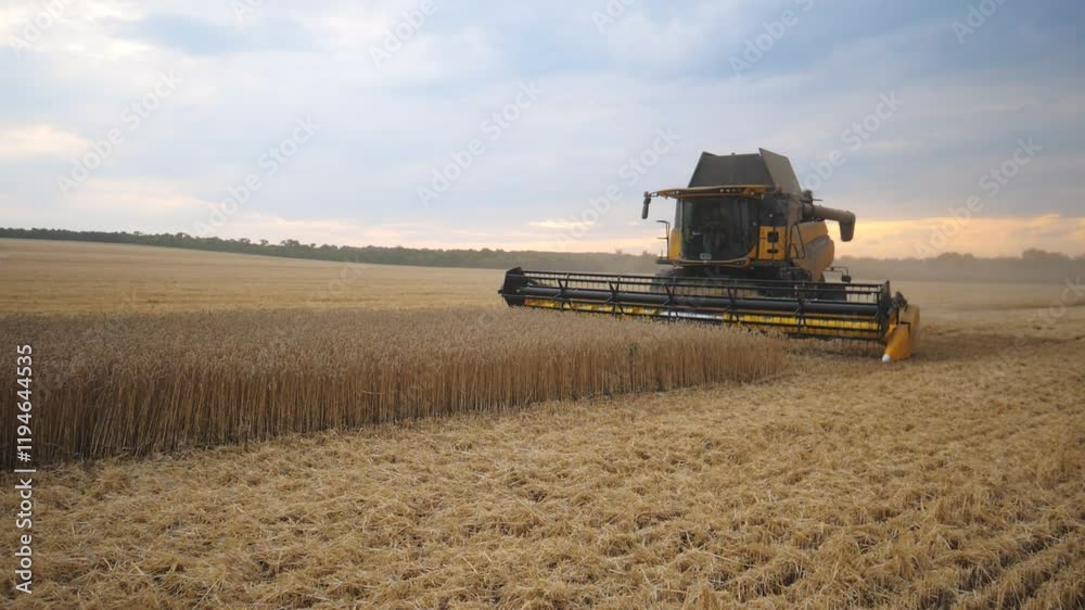 Grain harvester working in field gathering crop of ripe wheat. Combine riding through countryside cutting stalks of barley. Scenic view at background. Concept of harvesting or agronomy. Slow motion Grain harvester working in field gathering crop of ripe wheat. Combine riding through countryside cutting stalks of barley. Scenic view at background. Concept of harvesting or agronomy. Slow motion