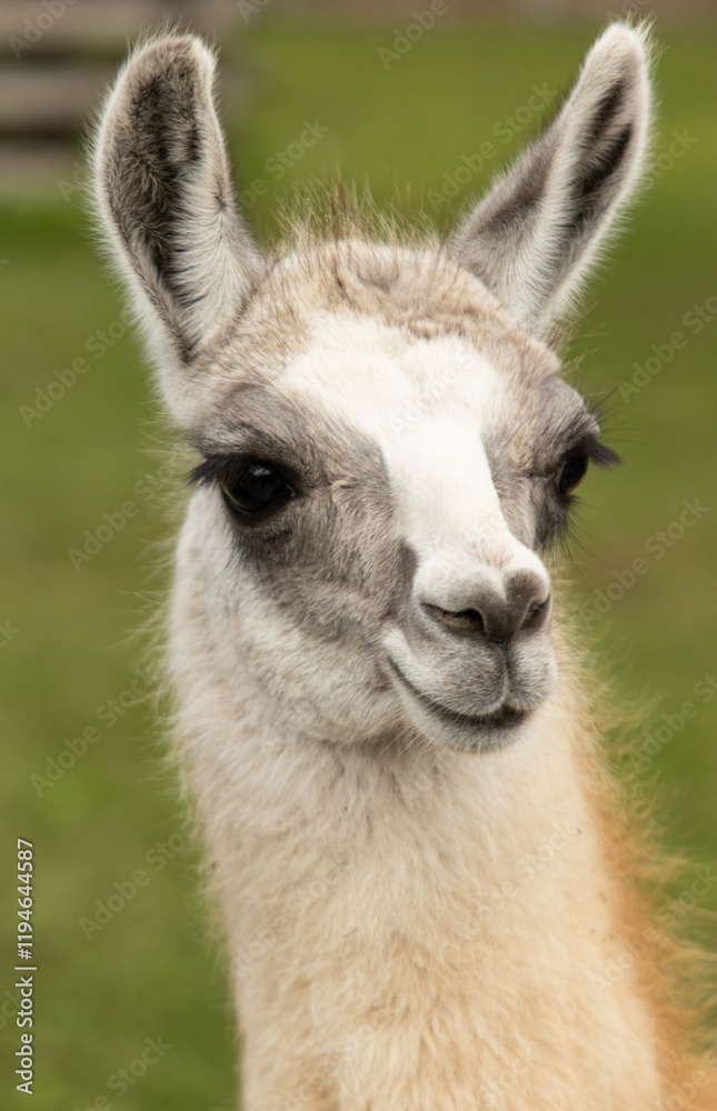 Obraz premium A baby llama with a white face and brown ears
