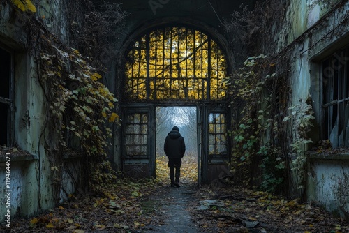 A solitary figure in a dark coat exits through a tunnel within a decaying building, evocative of mystery, solitude, and the passage of time. photo