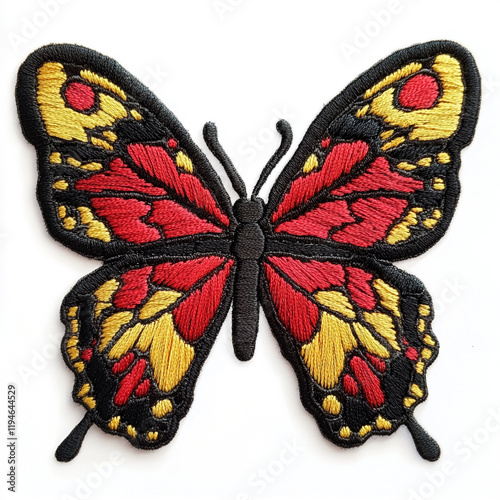 A butterfly embrodiery patch on white background.