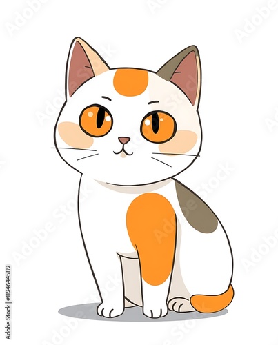 A charming, cartoon-style calico cat with distinctive orange and gray patches, sitting upright and gazing playfully.


