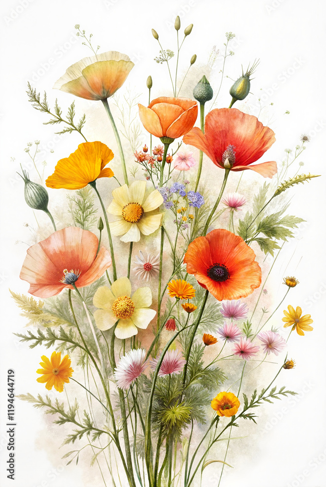 Fototapeta premium Wildflower bouquet with daisies and poppies