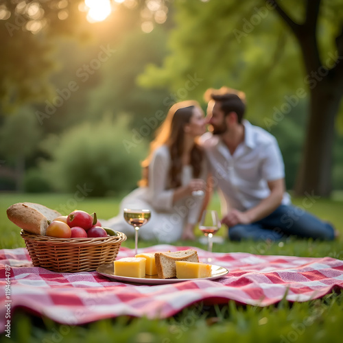 Romantic Picnic Setup In Style of Realistic Photography For Background Use Featuring Checkered Blanket, Bread, Cheese, Fruits, and Couple in Soft Natural Lighting with Ample Copy Space