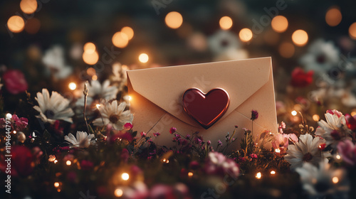 Romantic envelope sealed with a heart placed in a bed of glowing flowers and bokeh lights, representing love, connection, and heartfelt emotions.
