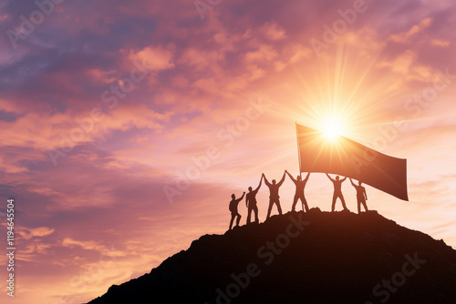 Racial equality movement progress. Empowered figures celebrating atop hill with flag at sunset photo