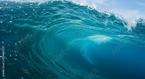 An underwater perspective of a wave breaking, revealing the ocean floor's textures and the power of the water above.