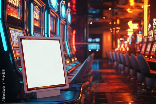 A neon casino with a white sign in the middle