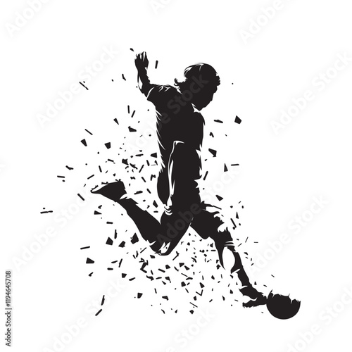 Football, soccer player kicking ball, isolated vector silhouette with dispersion effect. Footballer. Team sports