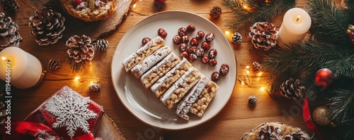 traditional Christmas table featuring turrÃ³n, elegantly presented alongside festive decorations. The rich texture of the nougat, surrounded by warm holiday accents, creates a cozy and delicious