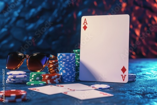A deck of cards with a white card and a pair of sunglasses