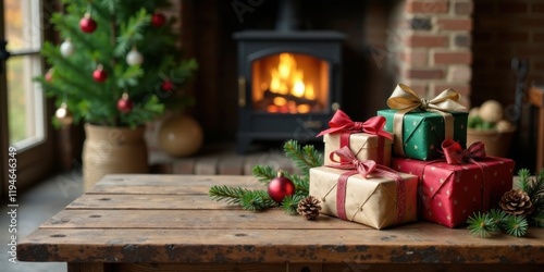 Rustic Wooden Table with Wrapped Christmas Presents Near a Cozy Fireplace and a Decorated Evergreen Tree