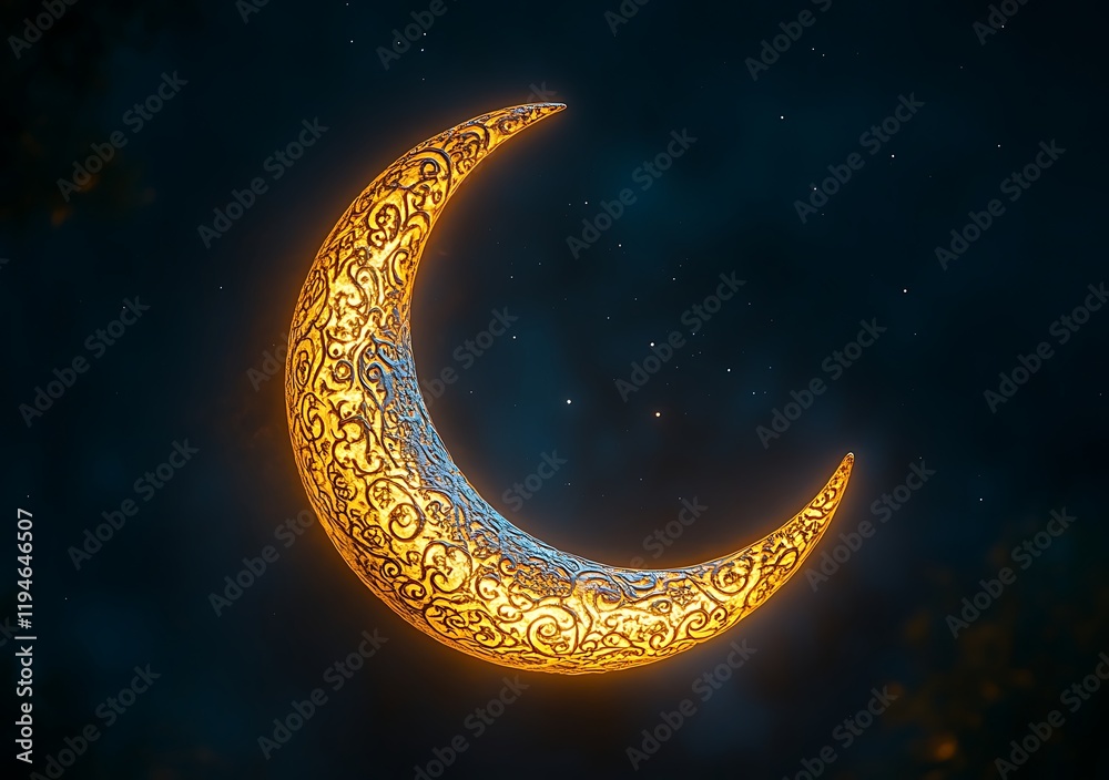 Ornate golden crescent moon in night sky. Ornate golden crescent moon in night sky.