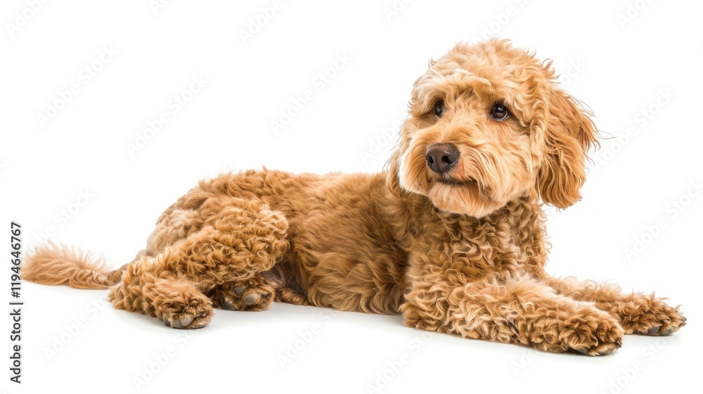 Fototapeta premium Adorable Goldendoodle Puppy Lying Studio White Background
