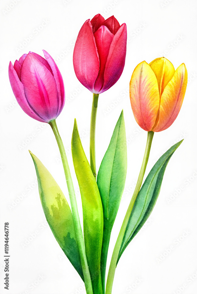 Obraz premium Three tulips with green stems on white background