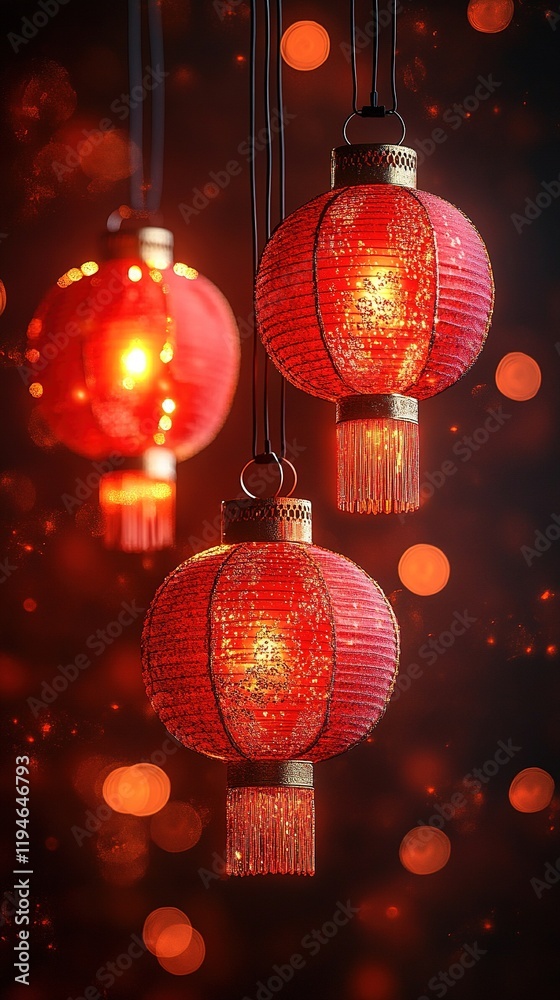 Three red Chinese lanterns hanging, glowing softly against a dark background with bokeh lights. Three red Chinese lanterns hanging, glowing softly against a dark background with bokeh lights.