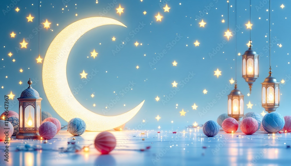 Ramadan Night: Crescent Moon, Stars, and Festive Lanterns Ramadan Night: Crescent Moon, Stars, and Festive Lanterns