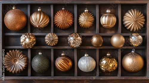 Elegant Gold and Bronze Christmas Ornaments in Wooden Box