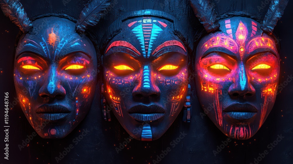 Obraz premium Neon Tribal Masks: A Glowing Portrait of African Heritage