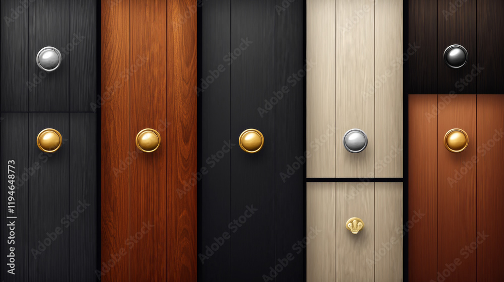 Wooden doors set isolated on transparent background. Vector realistic illustration of modern doorway with black, brown, white wood texture, golden and silver metal doorknob, interior design element Wooden doors set isolated on transparent background. Vector realistic illustration of modern doorway with black, brown, white wood texture, golden and silver metal doorknob, interior design element
