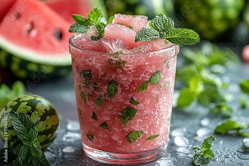 Refreshing Watermelon Mint Ice Drink In Glass photo