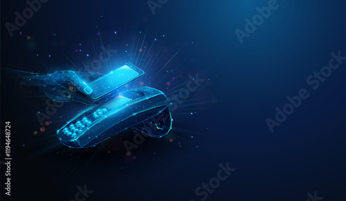 Abstract illustration low poly hand paying by smartphone on pos terminal with copy space on side. Geometric background depicting near-field communication payment technology concept by wireframe mesh