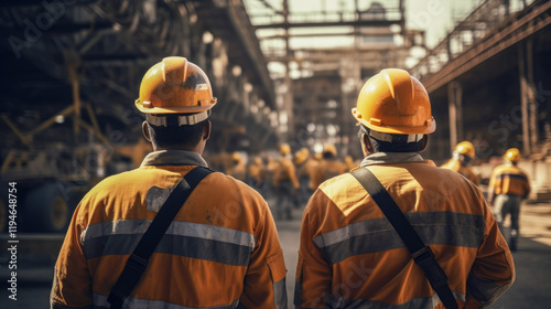 View from behind many working miners in protective helmets and s photo