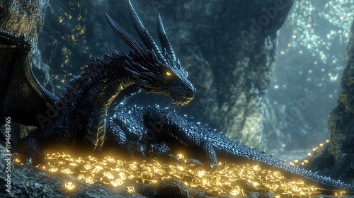 Black dragon guarding gold treasure in dark cave.