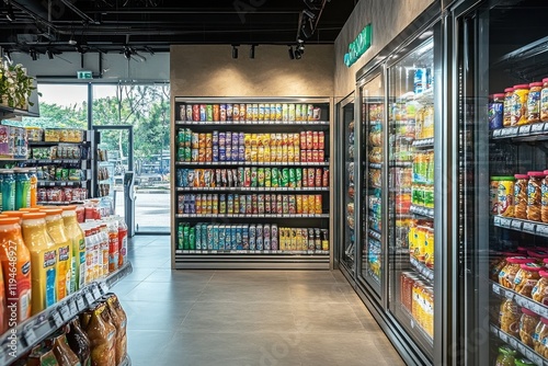 Beverage selection showcase urban convenience store retail environment modern layout aisle view consumer choices