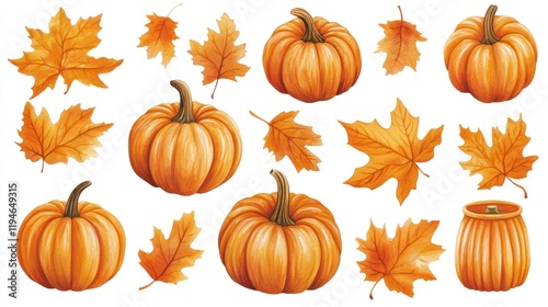 Autumn pumpkins and leaves illustration for design photo