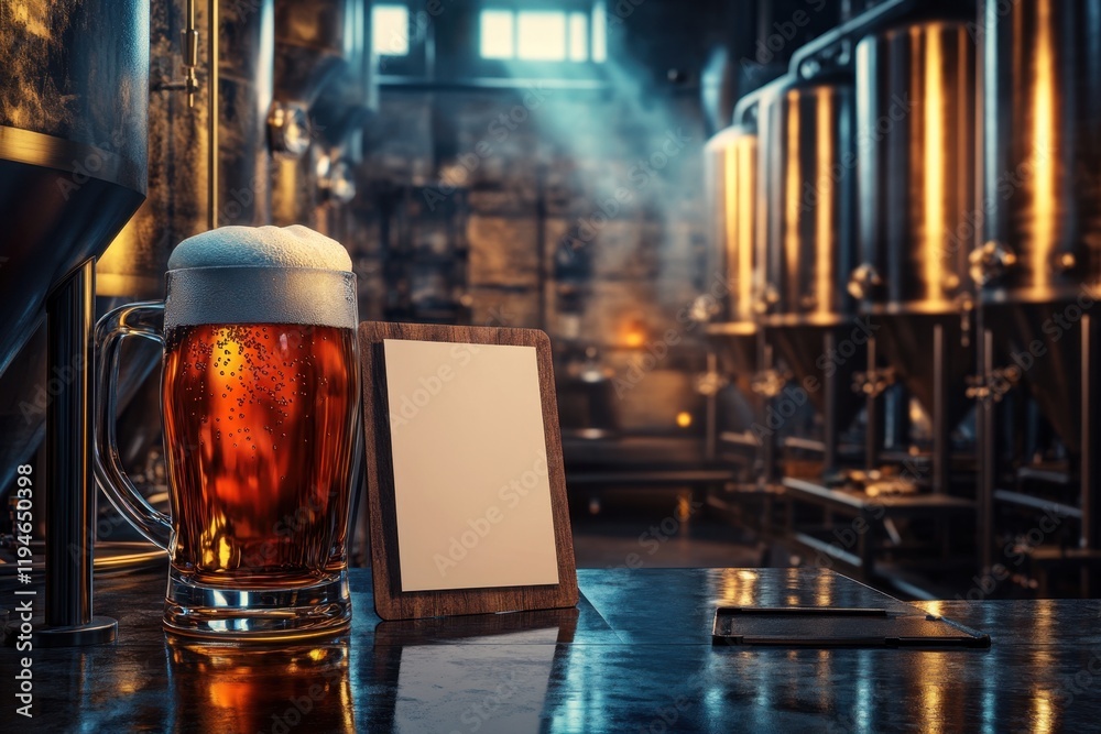 A glass of beer sits on a counter next to a white sign A glass of beer sits on a counter next to a white sign