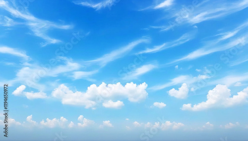 Expansive blue sky dotted with cotton - like clouds, warm light photo