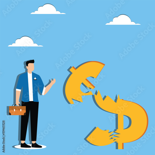 Money problems, economic problems, business risks or crises, businessmen standing around broken dollars and contemplating