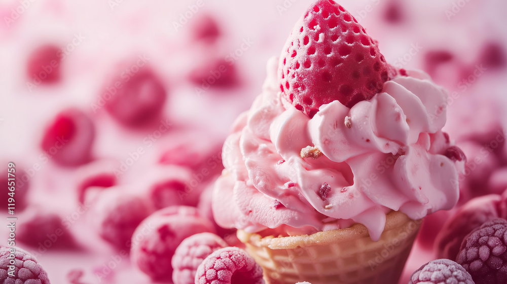 a close-up of a waffle cone filled with soft pink raspberry ice cream, topped with fresh raspberries and raspberry sauce, set against a pastel pink background, dessert photography, gourmet food a close-up of a waffle cone filled with soft pink raspberry ice cream, topped with fresh raspberries and raspberry sauce, set against a pastel pink background, dessert photography, gourmet food
