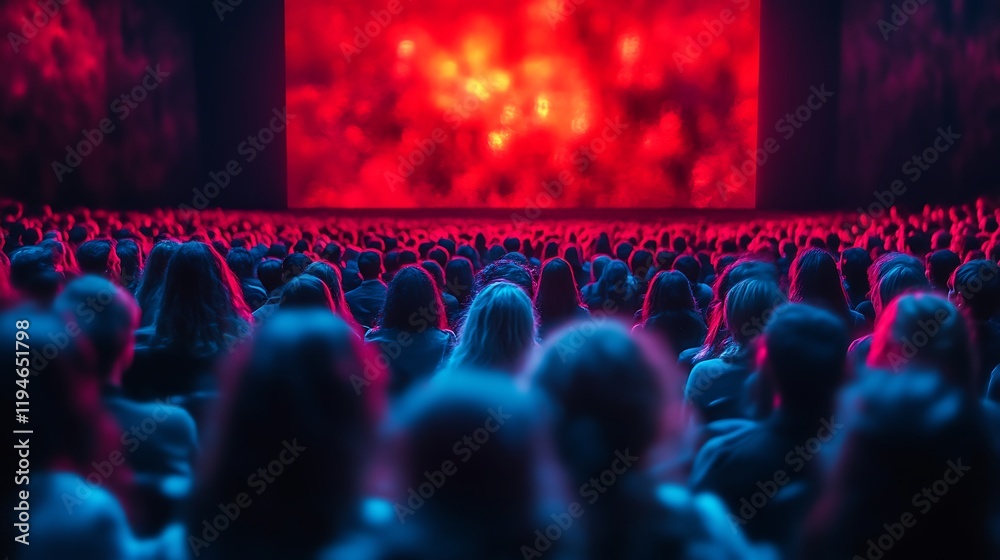 Large audience watching intense red screen. Large audience watching intense red screen.
