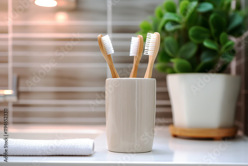 Bamboo toothbrushes in ceramic, a stylish nod to sustainable personal care photo