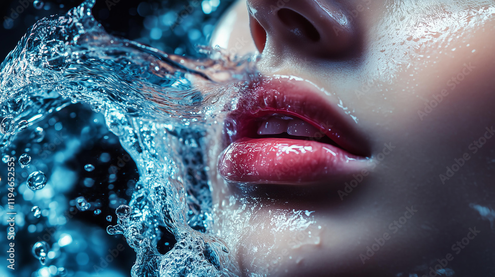 Fototapeta premium a close-up of glossy red lips surrounded by dynamic splashes of water, high-contrast lighting, emphasizing textures and reflections, beauty, freshness, sensuality, water as a symbol of purity