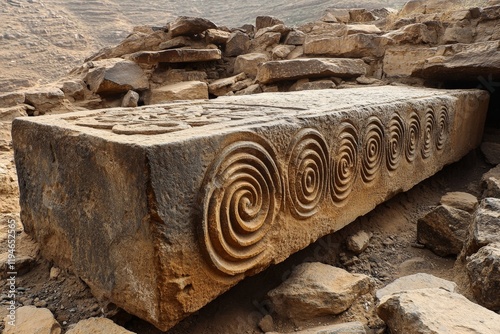 An ancient stone slab features repeating spiral designs, demonstrating the use of symbolic artistry and geometry in historical craftsmanship and architectural elements. photo