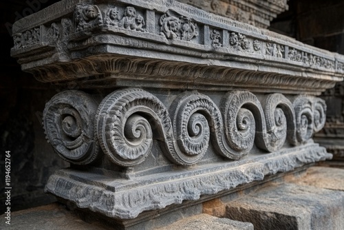 An elaborate stone architectural detail emphasizing a series of spirals, meticulously carved in relief, representing the sophisticated art of ancient construction.
