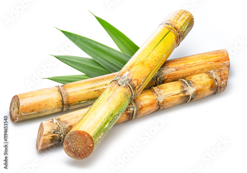 Sugarcane cuts and green plant leaves isolated on white background. photo