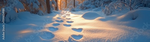 Snowy forest trail with heart-shaped footprints.